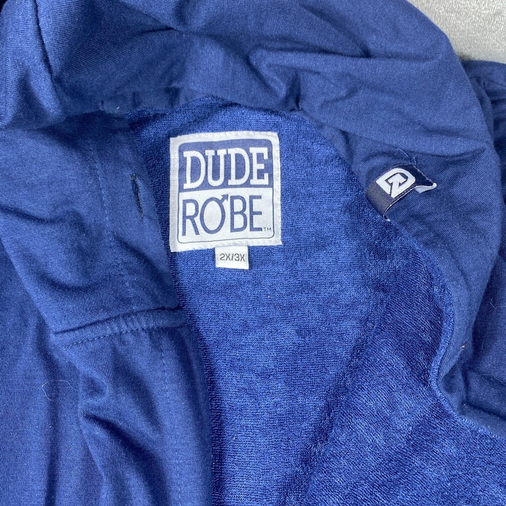 Dude Robe Bath Robe Blue 2XL 3X Cotton Blend Hooded Belt Terry Cloth Long Sleeve - Picture 3 of 7